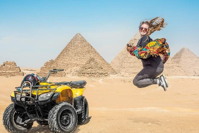 VIP Private Tour Giza Pyramids ,Sphinx , Quad Ride, Camel Ride - Standing before the Great Pyramid and the other eight pyramids
